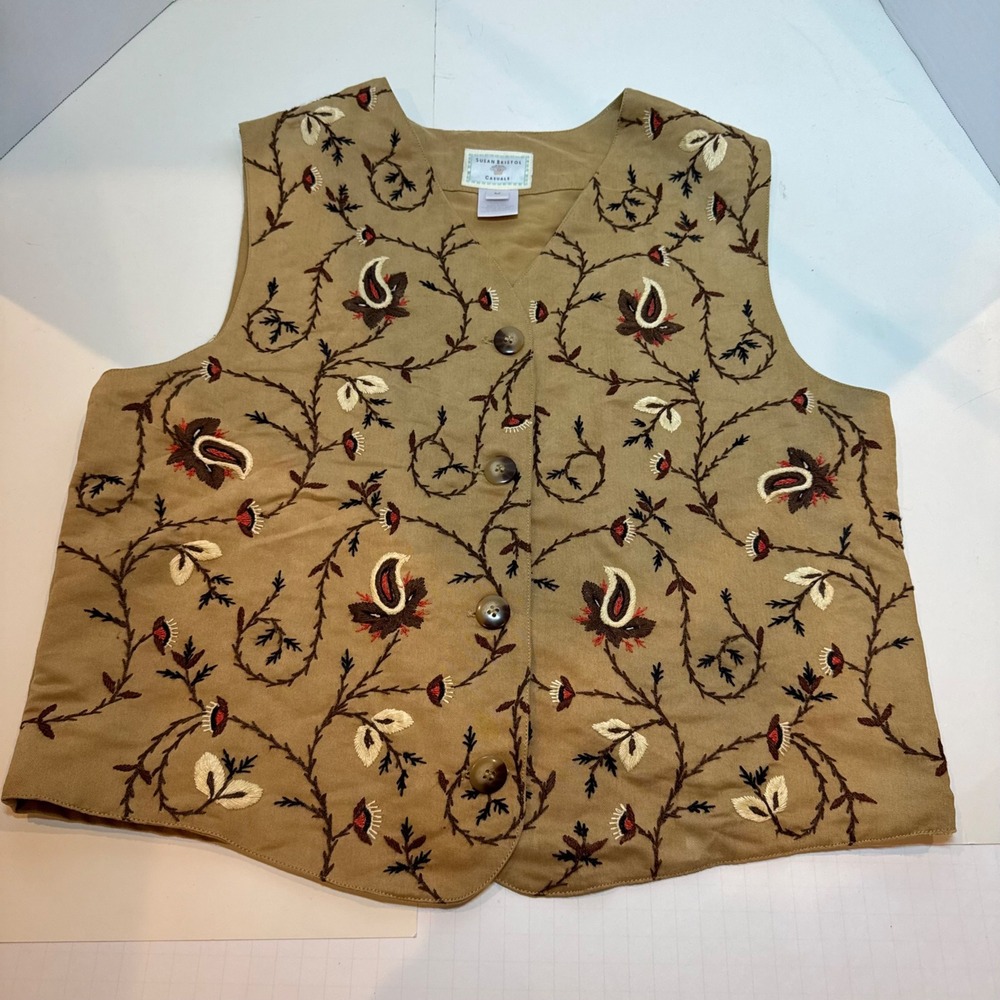 Vtg Susan Bristol Casuals Tan Embroidered Autumn Floral Vest Women's Medium M
